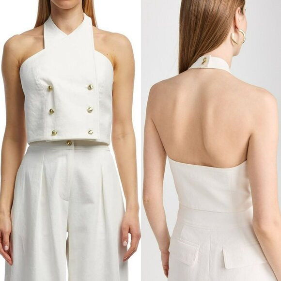 Rosetta Getty White Cotton Linen Button Criss Cross Halter Top Gold Buttons Chic - Picture 12 of 13